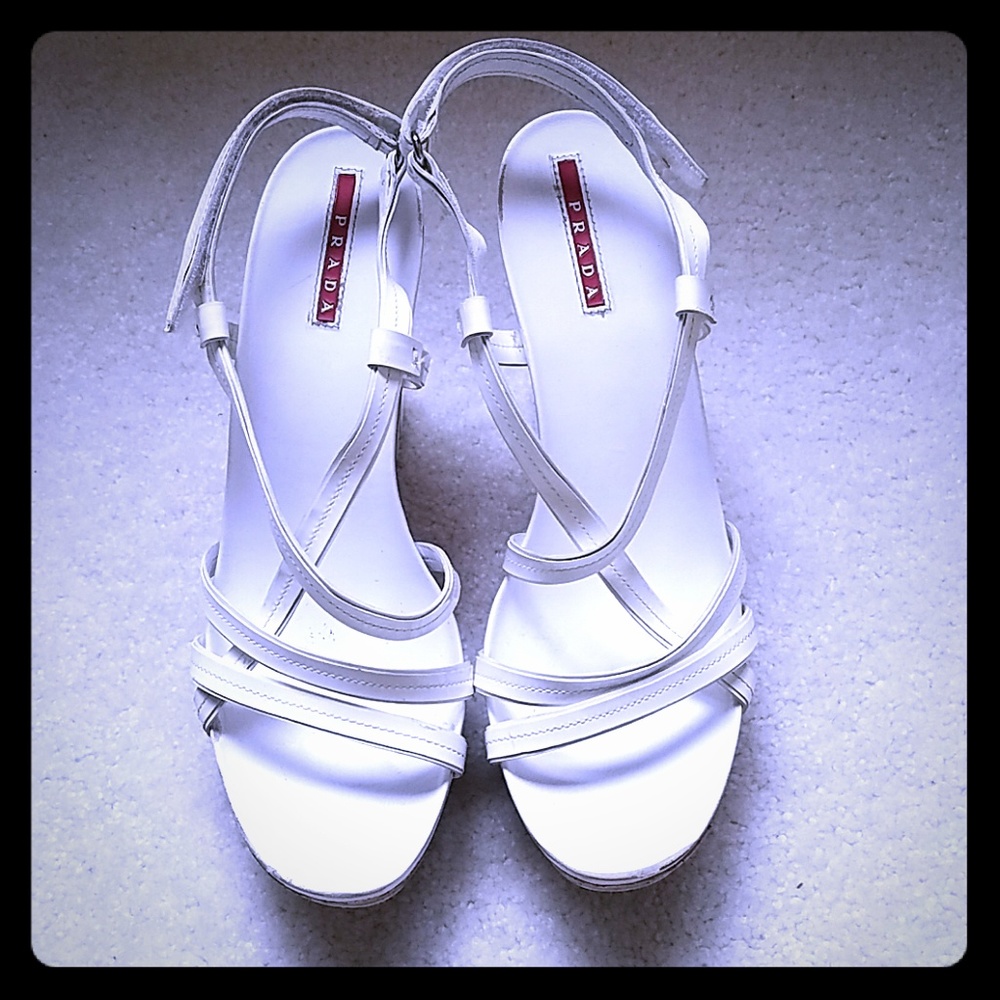 PRADA WHITE PATENT LEATHER WEDGES